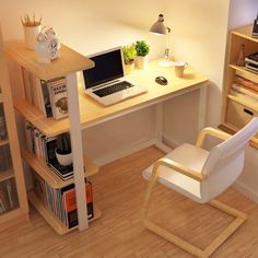 a laptop computer sitting on top of a wooden desk next to a book shelf filled with books