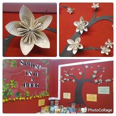 four different pictures of flowers made out of book pages and folded in paper with the words spring into a book on them