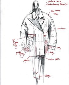 a drawing of a man's coat with the names and description in red ink