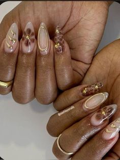 Trendy 3d Nails, Brown Nails And Gold, Cute Birthday Nails Almond, Simple Almond Nails Fall, Brown And Leopard Nails, Nail Designs Autumn Colors, 3d Nail Gel Art, Cheetah And Gold Nails, Nail Inspo Fall Almond