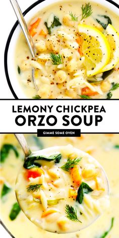 lemony chicken orzo soup in a white bowl