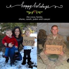 two pictures with people holding signs in front of them and the words happy holidays written on them