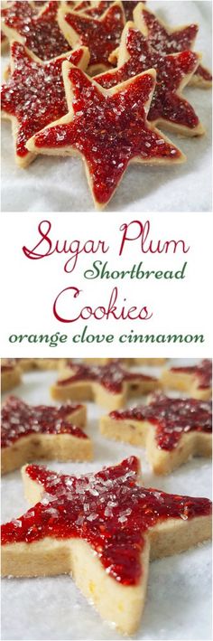 sugar plum shortbread cookies are decorated with red jelly