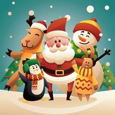 an animated christmas scene with santa claus, snowmen and penguins