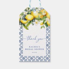 a blue and white thank card with lemons on it, the words'thank you rachel's bridal shower '