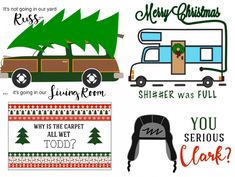 four christmas stickers with different types of holiday decorations and sayings on the front