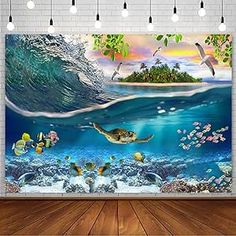 an ocean scene with a turtle swimming in the water and other sea creatures around it