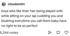 the text on the tweet reads, cloudsim boys who like their hair being played with while sitting on your lap cuddling