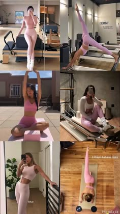 the woman is doing yoga poses in her home gym room, and she's wearing pink