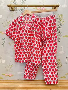 Our pajamas are the things dreams are made of. Made by the same women owned factory in India who created our table linens. The fabric is hand block printed and each set made by hand. Button down top and drawstring pant with pockets. Comes with a sweet pouch. inseam 30” 100% cotton. Machine wash cold lay flat to dry S:0-2 M: 4-6 L:8-10 XL:10-12 Spring Pajamas, Pajamas Shirt, Shirt And Trouser, Tee Bag, Cotton Loungewear, Short Kurta, Cotton Pajamas, Women's Pajamas, Strawberry Fields