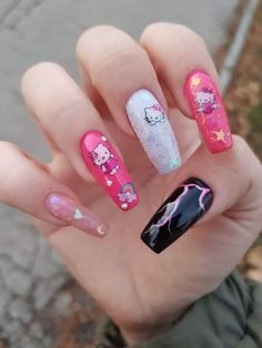 Pink Hello Kitty Nails, French Nail Polish, Goth Nails, Classy Acrylic Nails, Acrylic Nails Coffin Pink, Pink Hello Kitty, Cat Nails