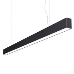 a suspended light fixture with two lights hanging from it's sides and one is black