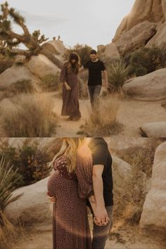 two people are walking through the desert with rocks and trees in the background, while one person is holding his hand