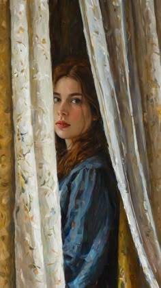 a painting of a woman looking out the window