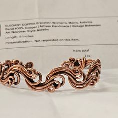 LADIES COPPER BRACELET, Elegant Jewelry Design Art Nouveau Style, Handmade, Women's Pure Copper Arthritis Cuff, Adjustable - Etsy Design Art Nouveau, Bracelet Elegant, Wire Wrapped Bracelet, Wire Work Jewelry, Bohemian Art, Art Nouveau Jewelry, Work Jewelry, Art Nouveau Style