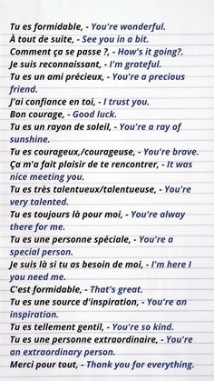 a piece of lined paper with words written in french and english on top of it