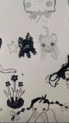 an artistic drawing of flowers and animals in black ink on white paper with watercolor pencils