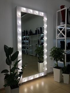 a large lighted mirror sitting on top of a tiled floor next to potted plants