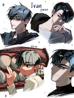 some anime characters with different expressions on their faces and hair, one is holding his chin up