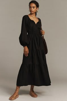 The dress that launched a thousand glowing reviews. Our iconic Somerset Dress features a soft A-line silhouette, flattering smocked waist, and everyday-elegant tiers. | The Somerset Maxi Dress: Puff-Sleeve Edition by The Somerset Collection by Anthropologie in Black, Women's, Size: XS, Cotton Anthropologie Somerset Maxi Dress, Grey Romantic, Fall In London, Somerset Maxi Dress, Flowy Fashion, Goth Mom, Rich Girl Fashion, Anthropologie Maxi Dress, Tahoe Cabin