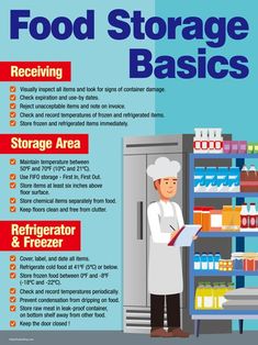 food storage basics poster with instructions on how to use the refrigerator and freezer for storing items