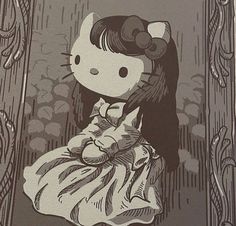 a drawing of a hello kitty sitting in front of a mirror