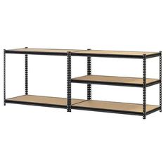 three shelving units with four shelves on each side and one shelf above the other