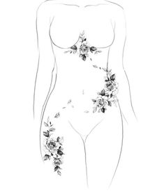 a drawing of a woman's breast with flowers on her chest and the side