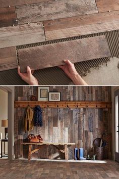 two pictures of wood planks being used as wallpaper