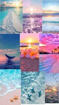 a collage of different pictures with the sun in the sky and water at sunset