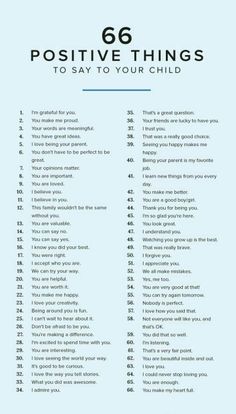 a blue poster with the words positive things to say to your child in black and white