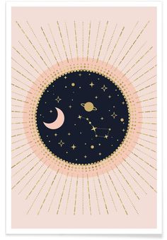 a poster with stars and planets in the sky, on a pink background that has gold lines