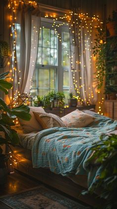 a bedroom with plants and lights in the window