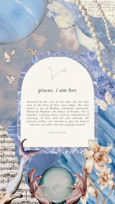 an altered collage with flowers, birds and music notes in the background that says pieces i am her