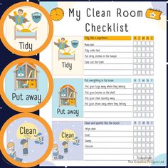 a printable worksheet for the clean room checklist, with three images