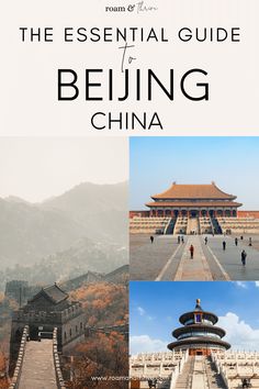 the essential guide to being in china with pictures of buildings, mountains and people walking around