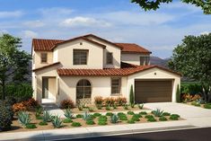 this is a computer rendering of a two story house with plants and shrubs in front