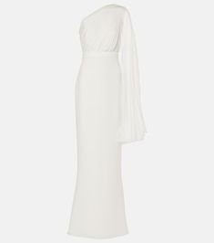 Bridal Lorena chiffon and cady gown in white - Max Mara | Mytheresa Fitted Gown With Pleated Bodice And Pre-draped Style, Fitted Pre-draped Gown With Pleated Bodice, Fitted Pre-draped Gown For Dinner, Fitted Cocktail Gown With Draped Sleeves, Gala Dresses With Ruched Bodice In Elastane, Formal Fitted Gown In Elastane, Ruched Bodice Gala Dress, Fitted Elastane Gown For Formal Occasions, Fitted Gown With Pleated Bodice And Asymmetrical Neckline