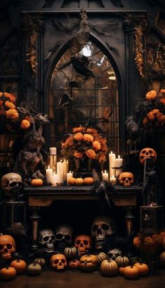 halloween decorations with candles and pumpkins in front of a gothic - styled fireplace,