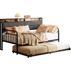 a day bed with a pull out trundle and pillows on it's sides