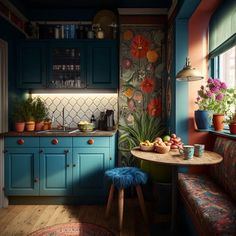 a kitchen with blue cabinets and wooden floors, potted plants on the window sill