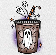 a cup filled with liquid and ghost faces on it's side, surrounded by spooky stars