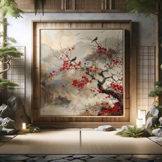 "花より団子 (Hana yori dango)" -- "Dumplings rather than flowers." Bigaku (美学) is the Japanese word for "aesthetics" and we focus exclusively on meaningful high quality curated art. Bring a piece of Japan's soul into your home infusing your space with peace harmony beauty and contemplation. This piece of art catches a moment that's as heartwarming as munching on dumplings beneath the cherry blossoms! It's a cheeky play with the old "Hana yori dango" saying, but here, it's all about the beauty winning over practicality. The bullfinches are flitting between the branches, and they seem as fragile and fleeting as the cherry blossoms they're celebrating.  It feels like you're witnessing Hanami with your eyes; a visual feast that dives deep into the soulful, seasonal beauty that Kachō-fūgetsu capture Japanese Cherry Blossom Art, Old Japanese Art, Hana Yori Dango, Sabi Aesthetic, Japandi Home Decor, Wabi Sabi Aesthetic, Japandi Home, Water Paint, Japan Painting