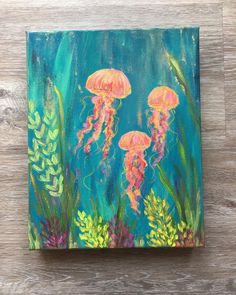 an acrylic painting of jellyfish in the ocean