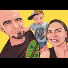 a man, woman and child are depicted in this digital art style illustration on yellow background