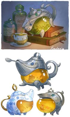 two pictures of teapots with different designs on them