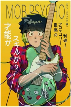 an anime character holding a guitar with headphones on and the caption says,