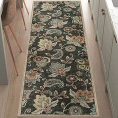 a black rug in the middle of a kitchen