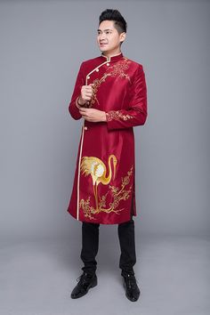 Brand new and high-quality Vietnamese traditional Ao Dai for men This set includes the Ao Dai and shipping with no pants. Luxury Traditional Suits With Mandarin Collar, Luxury Chinon Traditional Wear For Wedding, Luxury Fitted Traditional Wear With Mandarin Collar, Luxury Sets With Gold Embroidery And Mandarin Collar, Luxury Elegant Suits For Traditional Ceremonies, Luxury Sherwani With Mandarin Collar For Groom, Luxury Elegant Traditional Wear With Mandarin Collar, Luxury Traditional Ao Dai For Banquet, Luxury Ao Dai With Mandarin Collar For Banquet