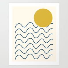 a yellow sun over the water with waves on it in blue and white art print